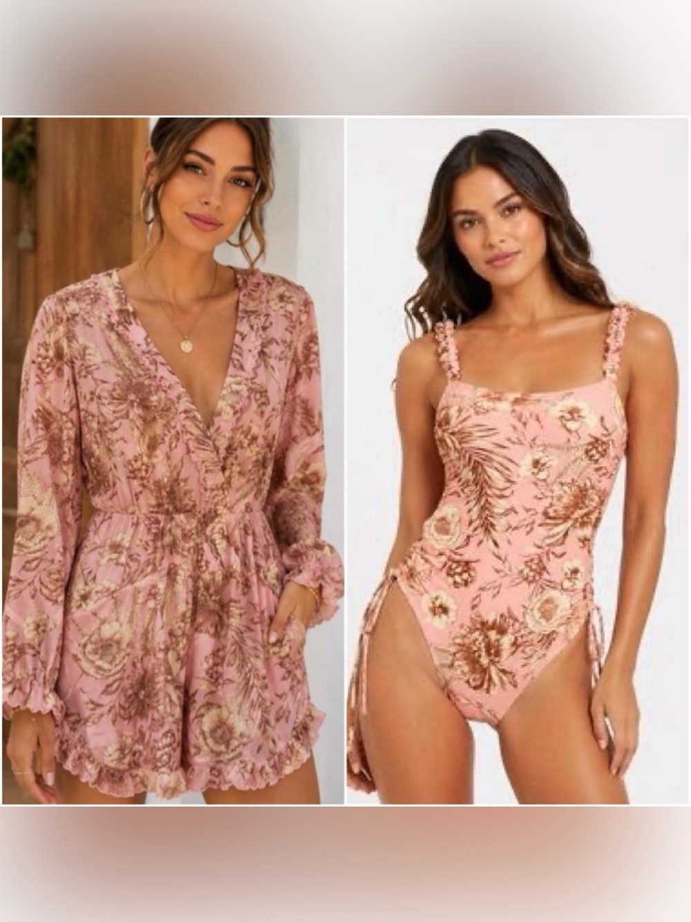 Agua Bendita Pink Floral Romper and One-Piece Swimsuit Set